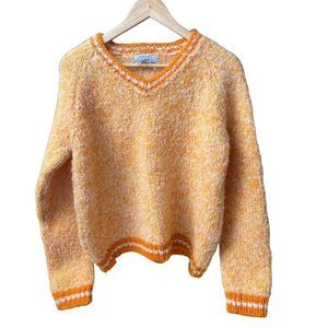 Free People Womens Micro V-Neck Twist Knit Sweater Large Orange Pre-owned